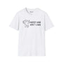 Messy Hair Don't Care Bigfoot T-Shirt featuring humorous design on a white Softstyle tee.