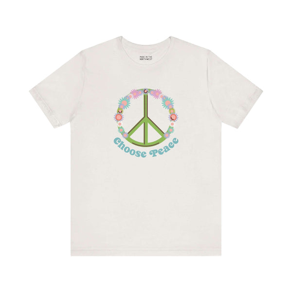 Choose Peace Premium Soft Tee with a green peace sign and vibrant flower design, promoting positivity and retro vibes.