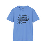 Resting gnome face t shirt featuring a grumpy gnome and humorous text on a blue cotton tee.