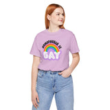 Homophobia Is Gay T Shirt – Bold Rainbow Pride Tee worn by model with a smile, showcasing vibrant rainbow design.