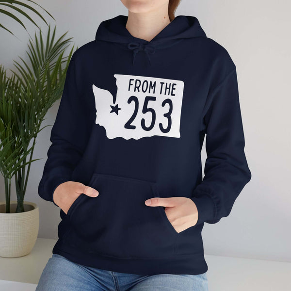 Navy hoodie with "From the 253" design and Washington state silhouette, featuring a star marking Tacoma.