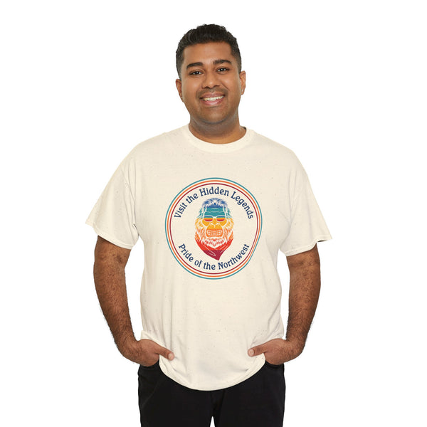 Model wearing Hidden Legends Pride of the Northwest athletic tee featuring a colorful Bigfoot design.