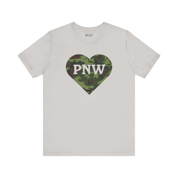 Camouflage PNW Heart Soft Tee with camo heart and "PNW" design, perfect for showing Pacific Northwest pride in style.