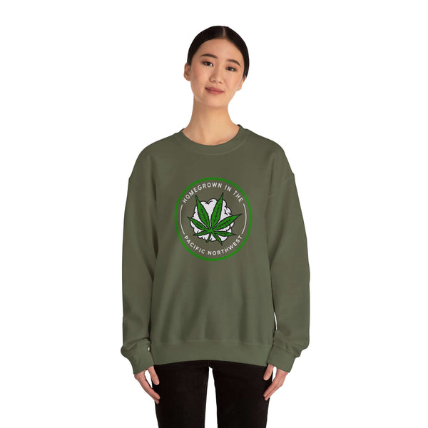 Homegrown Vibes: PNW Edition sweatshirt featuring cannabis leaf and mountains, perfect for Pacific Northwest lifestyle.