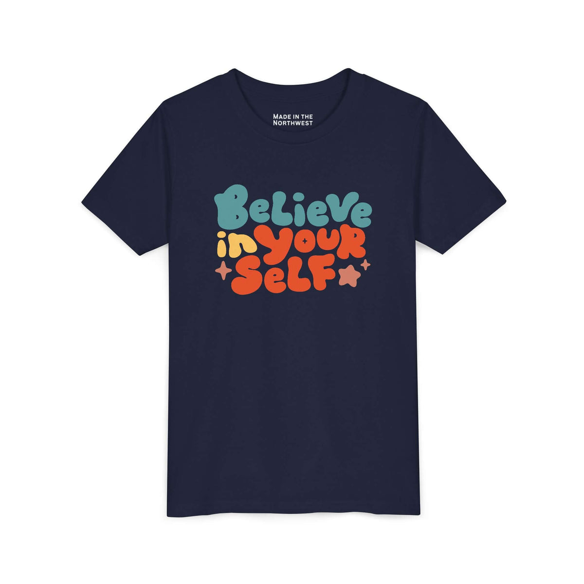 Believe in Yourself Kids T Shirt with colorful letters on a navy background.