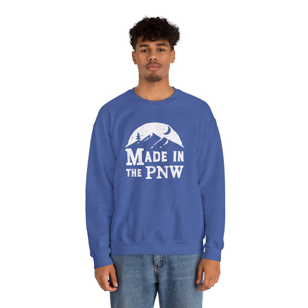 Made in the PNW Sweatshirt – Distressed Mountain Crewneck worn by model in blue color.