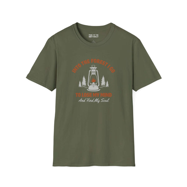 Into the Forest I Go T-shirt with lantern graphic, perfect for outdoor enthusiasts and nature lovers.
