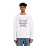 White sweatshirt featuring 'I Love Morning Wood' design with a lumberjack sitting on a log surrounded by trees.