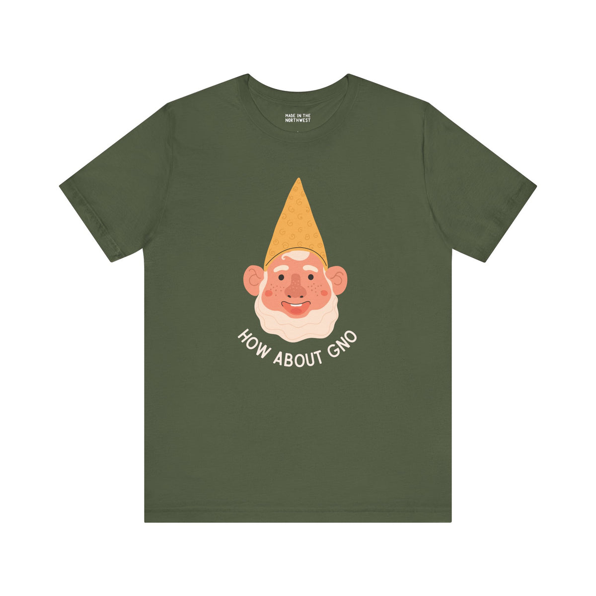 How About Gno premium soft tee featuring a cheerful gnome illustration on an olive green t-shirt.
