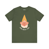 How About Gno premium soft tee featuring a cheerful gnome illustration on an olive green t-shirt.
