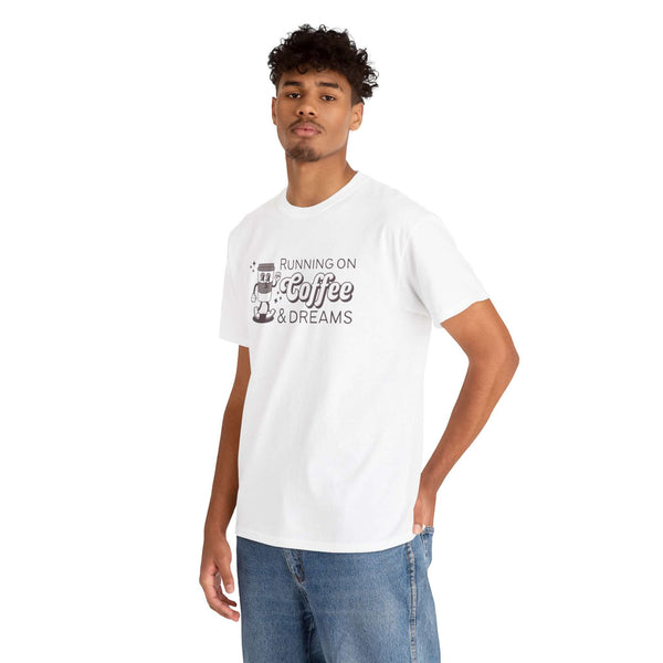 Man wearing 'Running on Coffee and Dreams' athletic tee with vintage coffee cup illustration.
