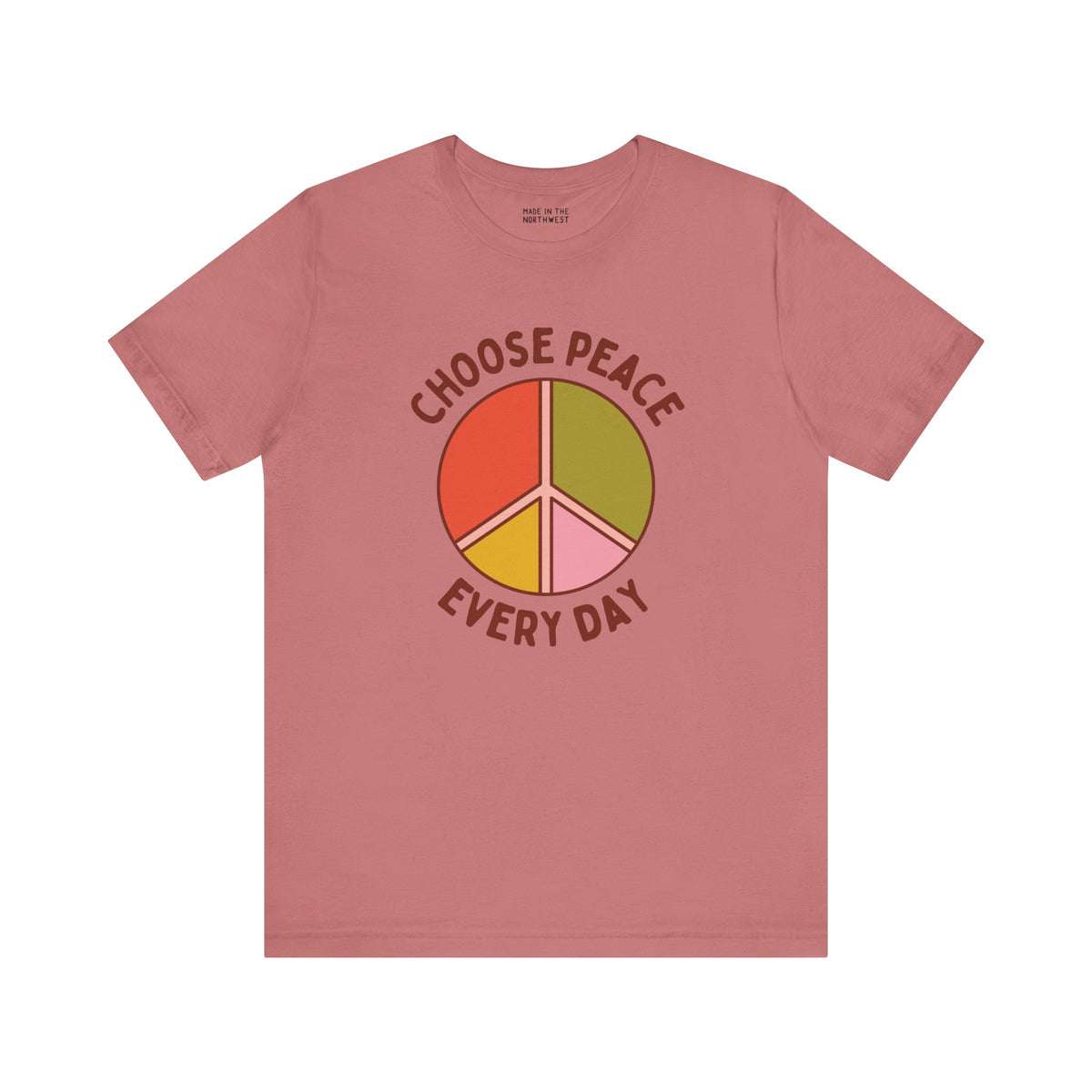 Choose Peace Every Day premium soft tee with colorful peace symbol design on a pink background.