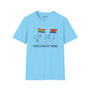 Light blue Token Straight Friend Pride Support T-Shirt with rainbow flags and raised hands design.
