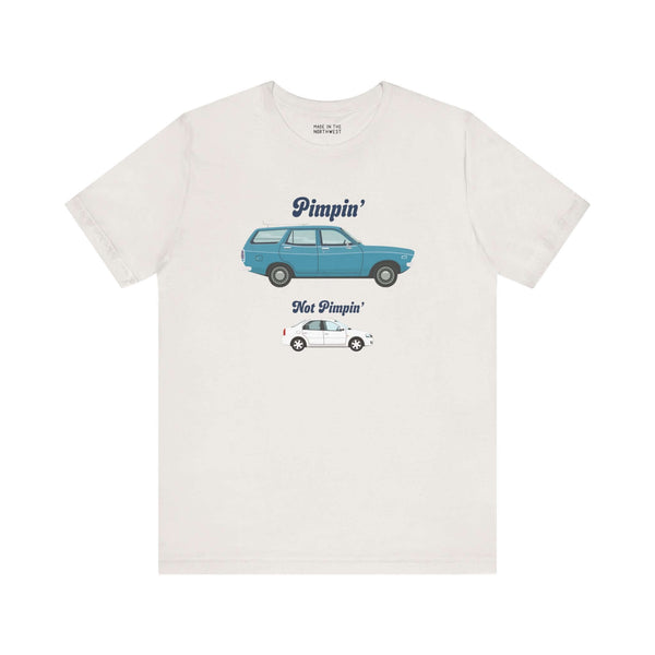 Pimpin' Not Pimpin' tee featuring a Subaru GL 1600 graphic on a light shirt, celebrating wagon culture.