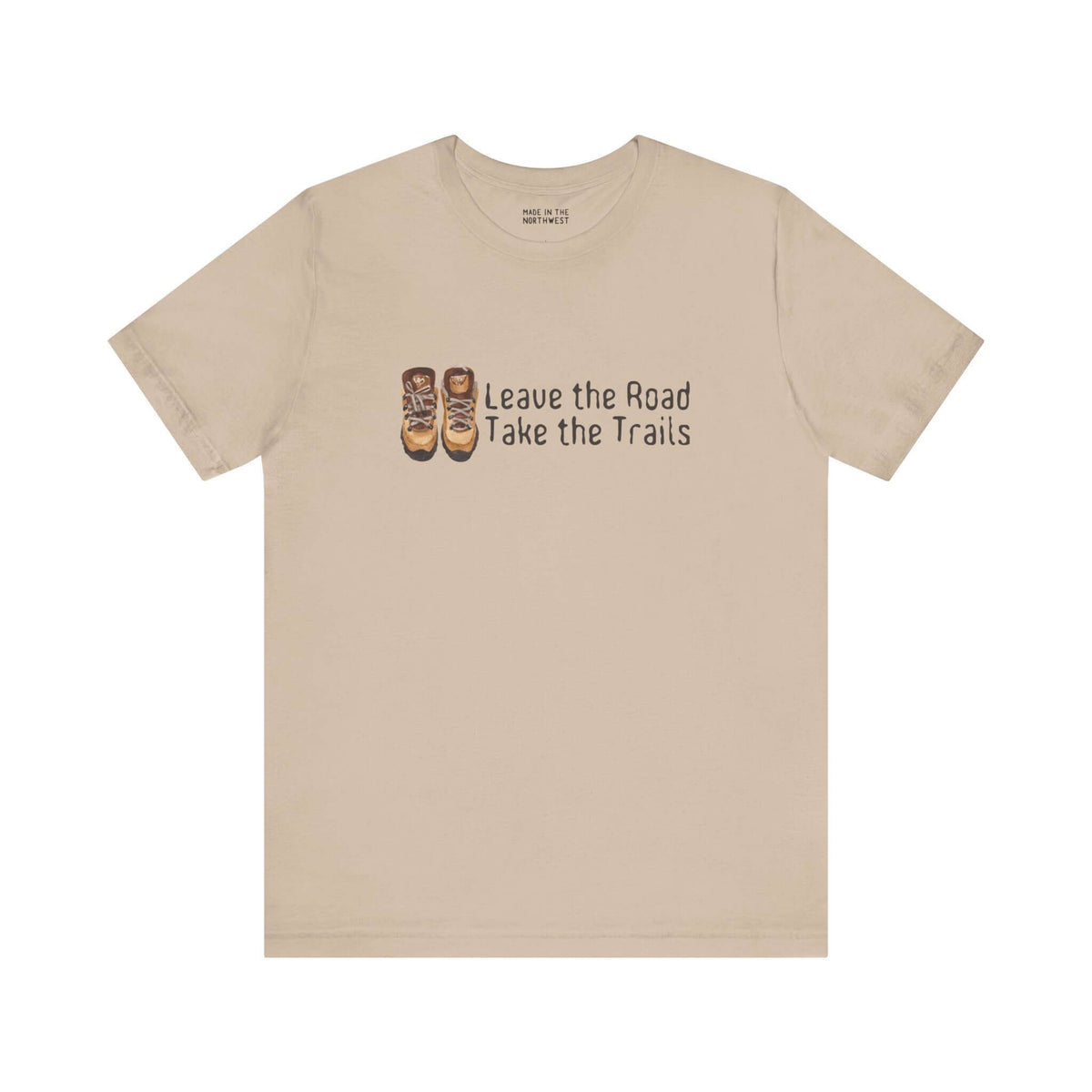 Premium soft tee featuring 'Leave the Road, Take the Trails' design, perfect for outdoor adventures.