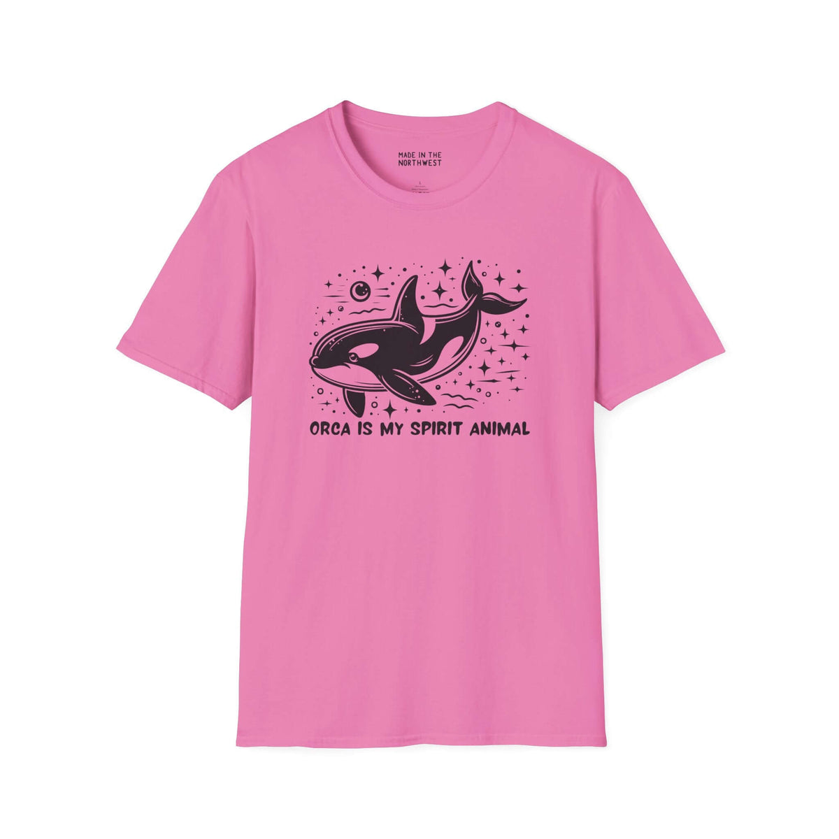Pink Orca Is My Spirit Animal softstyle t-shirt featuring a design of an orca and ocean elements.