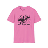 Pink Orca Is My Spirit Animal softstyle t-shirt featuring a design of an orca and ocean elements.