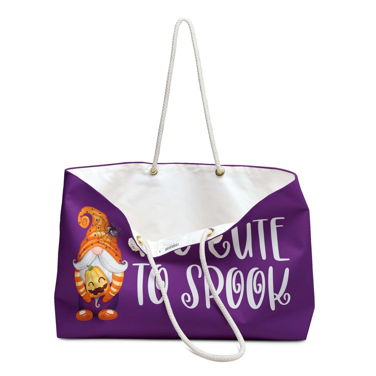 Too Cute to Spook Halloween Gnome Weekender Bag with gnome and text design on purple background.