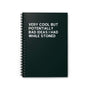 Spiral notebook titled 'Very Cool But Potentially Bad Ideas I Had While Stoned' with a dark cover.