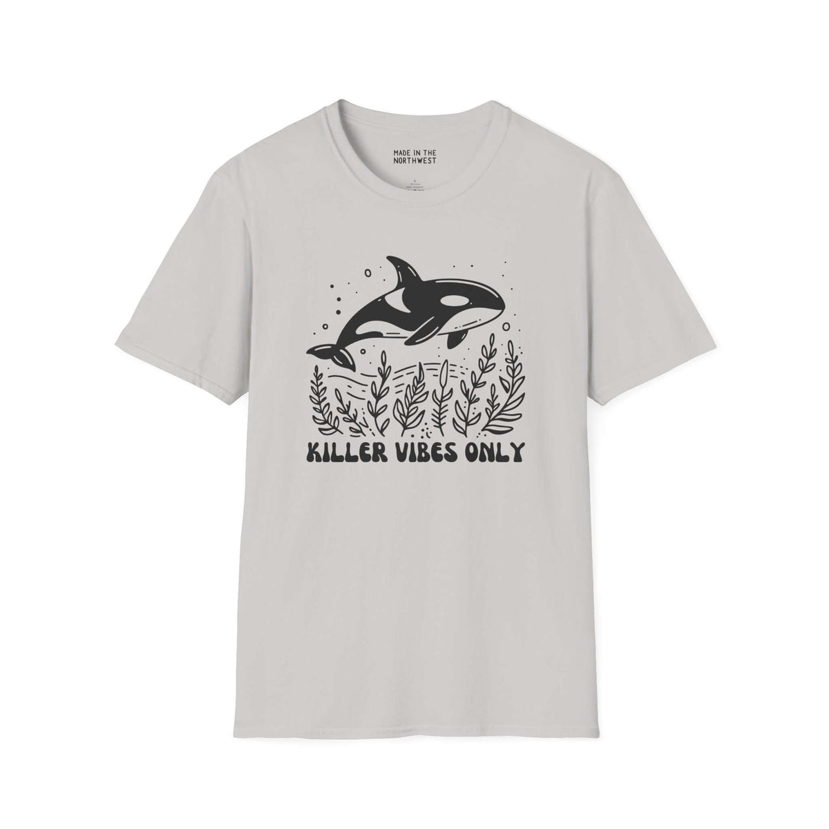 Killer Vibes Only Orca Whale Softstyle T-Shirt featuring bold orca graphic on light gray fabric.