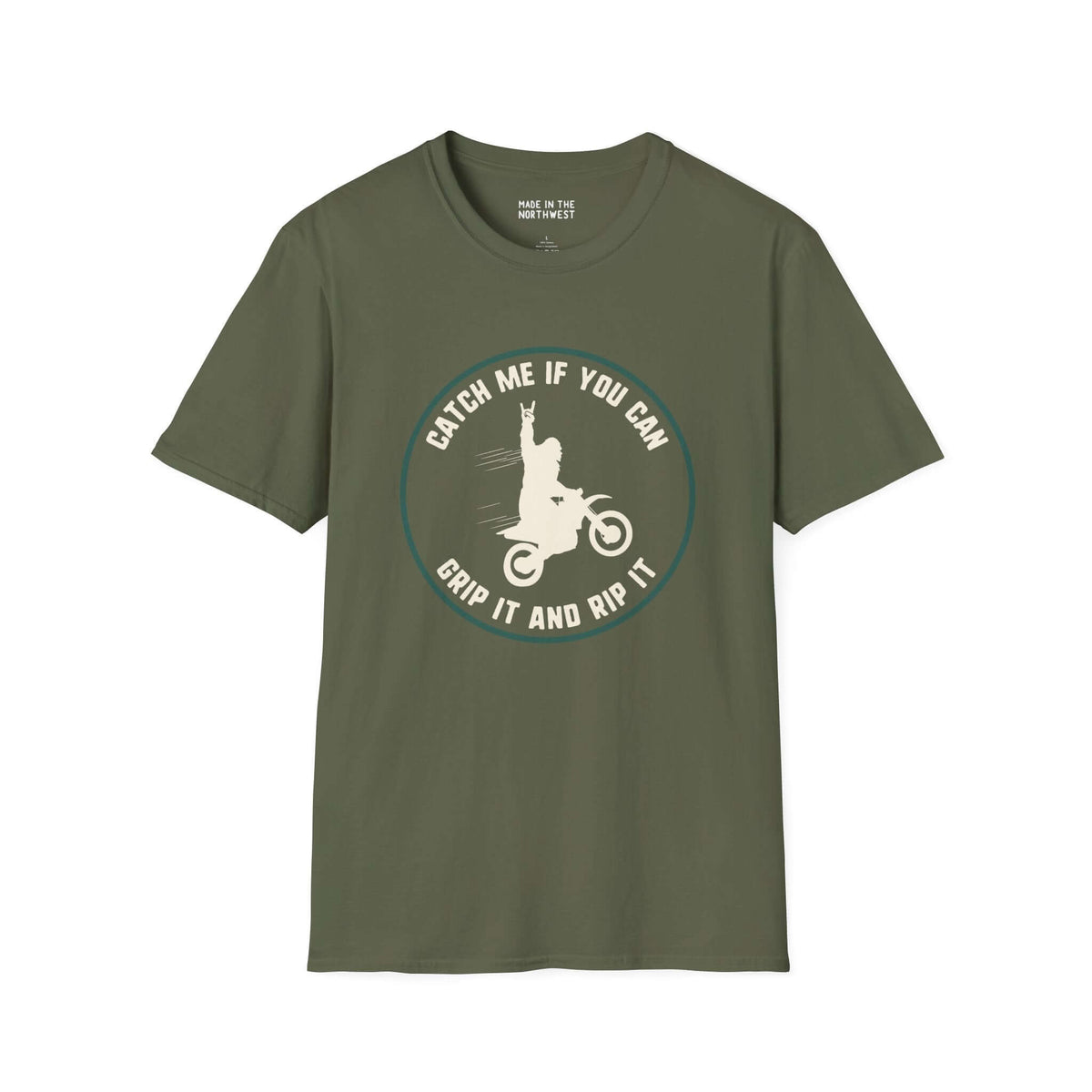 Catch Me If You Can Bigfoot motocross t-shirt, featuring a Sasquatch on a bike design for speed lovers.