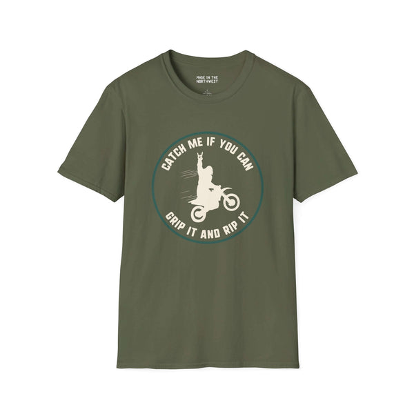Catch Me If You Can Bigfoot motocross t-shirt, featuring a Sasquatch on a bike design for speed lovers.