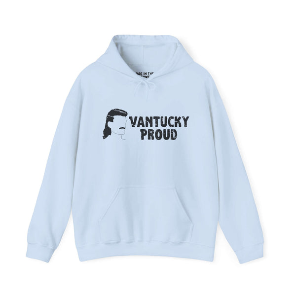 Light blue hoodie with "Vantucky Proud" and silhouette design, embracing the bold Vantucky attitude and carefree spirit.