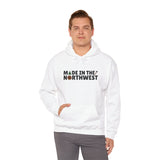Cozy white hoodie featuring 'Made in the Northwest' text, perfect for nature enthusiasts and PNW lovers.