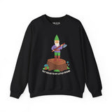 Black sweatshirt with a gnome on a stump holding an axe, saying 'Say Hello to My Little Friend'.