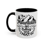 The Mountains Are Calling and I Must Go Mug featuring mountains and tree design, perfect for outdoor lovers.