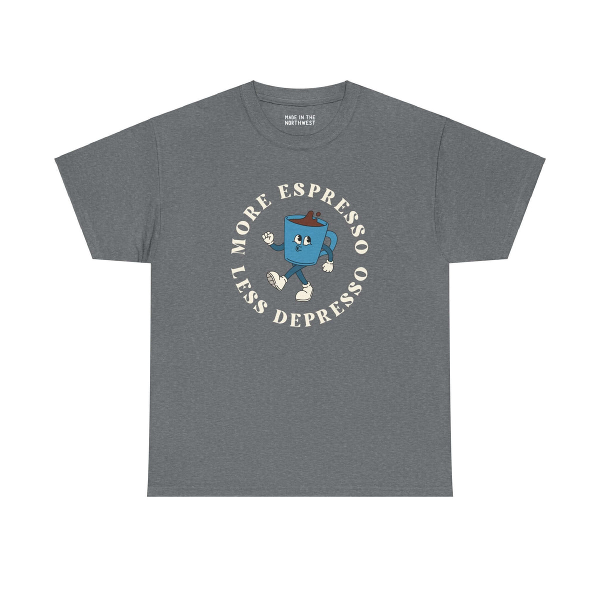 Gray athletic tee with "More Espresso Less Depresso" design featuring a blue coffee cup character.