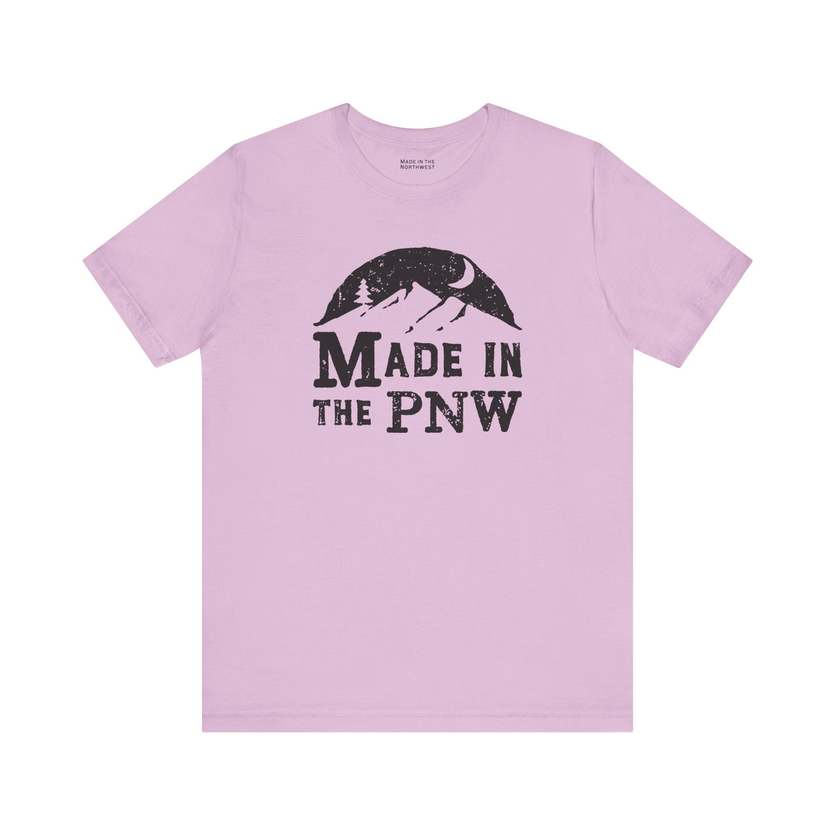 Made in the PNW T Shirt – Distressed Mountain Graphic Tee on a light purple background.