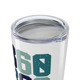 Close-up view of the 360 Area Code Coffee Tumbler showcasing the stainless steel design and blue 360 area code.