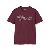 Messy Hair Don't Care Bigfoot T Shirt in maroon with playful design and bold text.