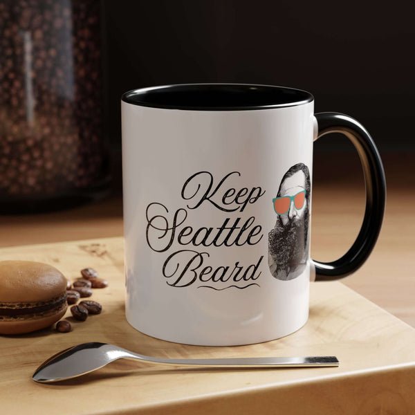 Keep Seattle Beard Ceramic Coffee Mug featuring a bearded dude in funky shades with a black handle.