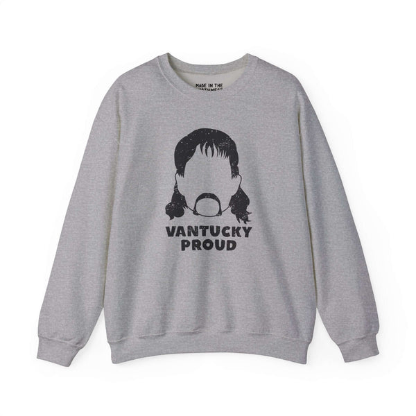 Gray Vantucky Proud sweatshirt featuring Rusty McCoy's iconic silhouette and character.