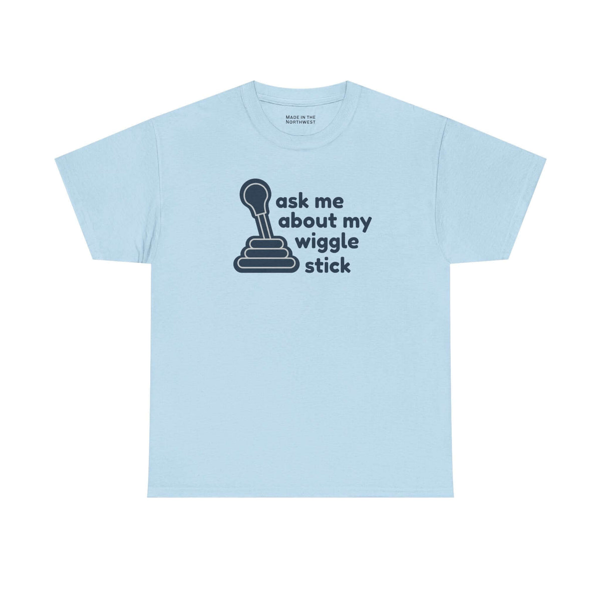 ask me about my wiggle stick t shirt graphic of a gear shift on light blue tee
