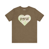 Brown tee with heart-shaped topo map graphic and 