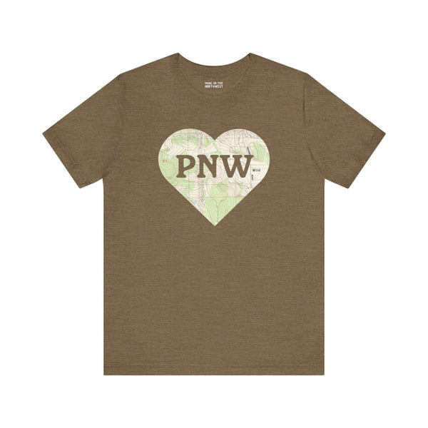 Brown tee with heart-shaped topo map graphic and "PNW" text, showcasing love for Pacific Northwest adventures.