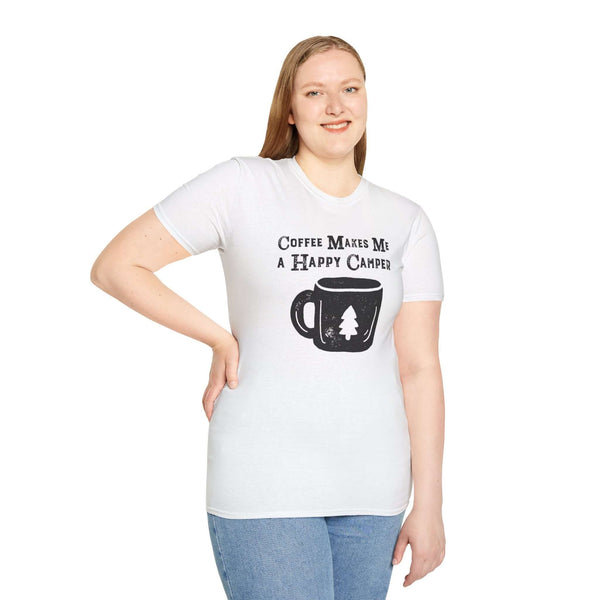 Model wearing Happy Camper Coffee Softstyle T-Shirt with cup graphic, perfect for outdoor coffee lovers.