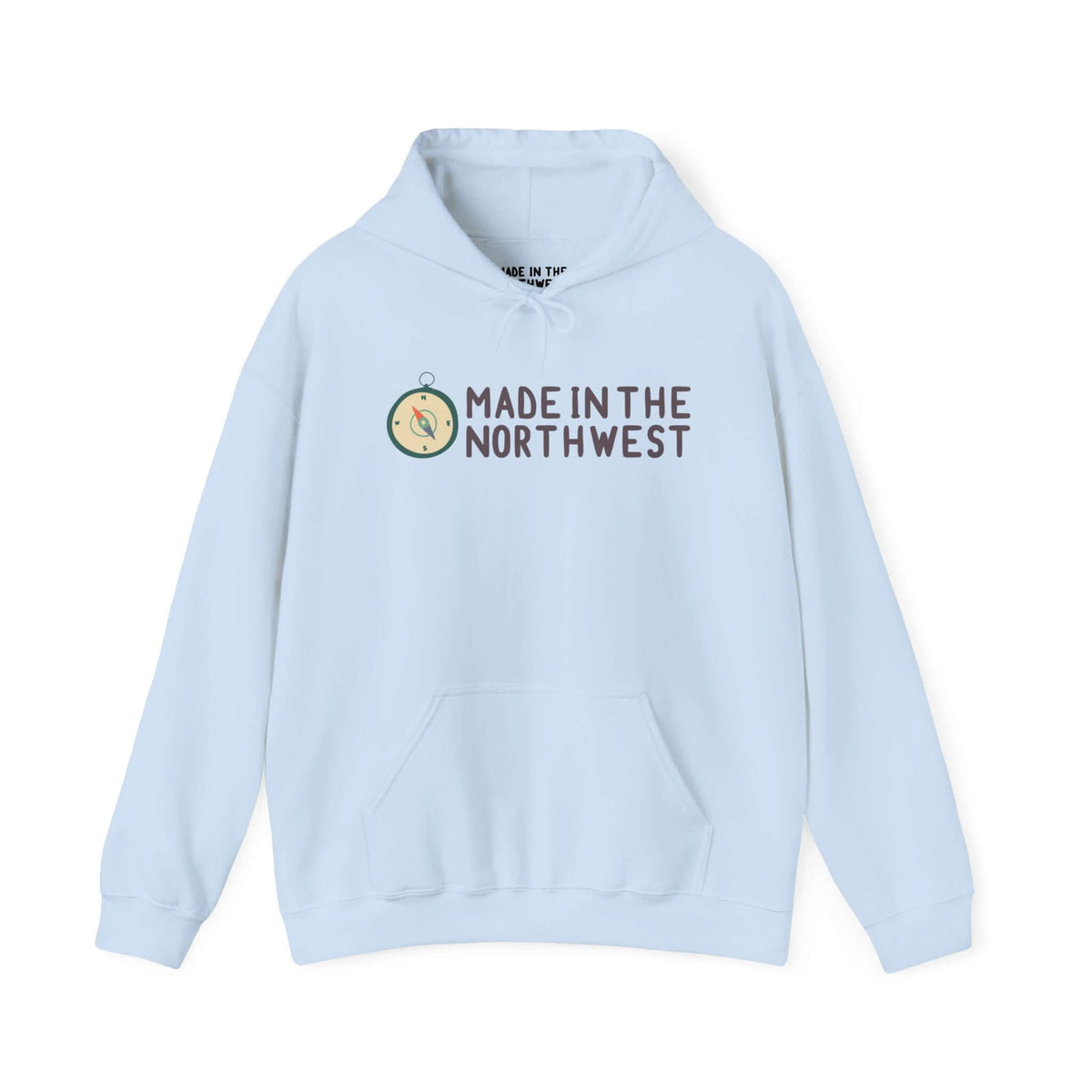 Light blue hoodie with "Made in the Northwest" logo and compass design, showcasing Pacific Northwest pride.