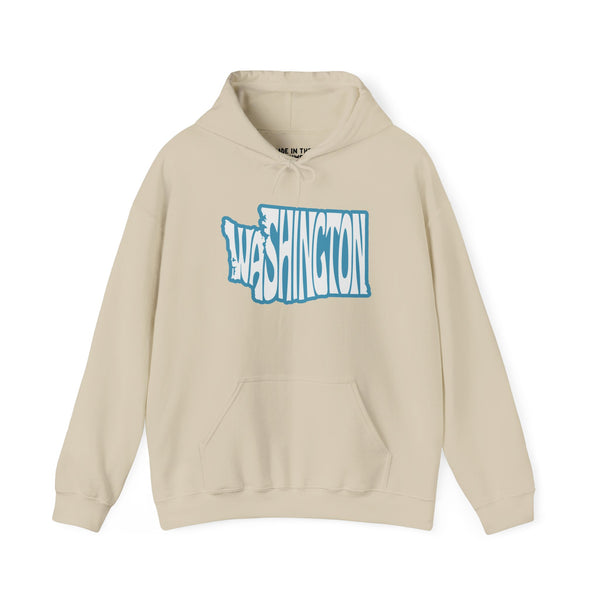 Washington State of Mind typography hoodie in cream with state-shaped design, perfect for Washington pride.