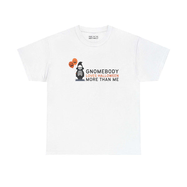 Halloween gnome skeleton tee with balloons and "Gnomebody Loves Halloween More Than Me" text, perfect for festive celebrations.