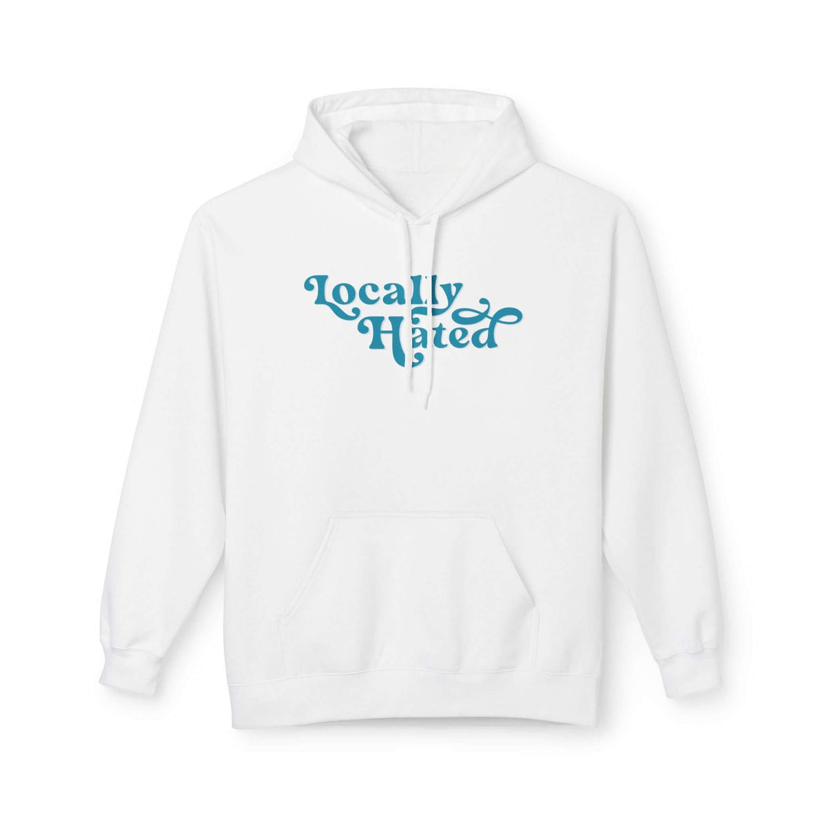 Locally Hated hoodie in white with cheeky retro script design, perfect for comfy casual days.