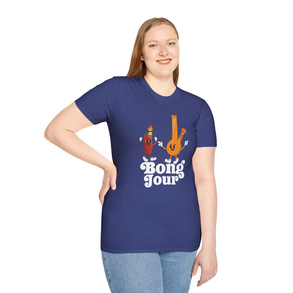 Bong Jour Softstyle T-Shirt featuring a playful design with a bong and lighter for cannabis lovers.