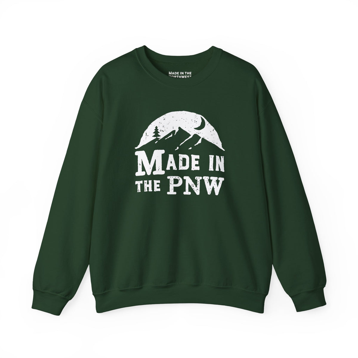 Made in the PNW sweatshirt featuring a mountain graphic on a green crewneck sweater.