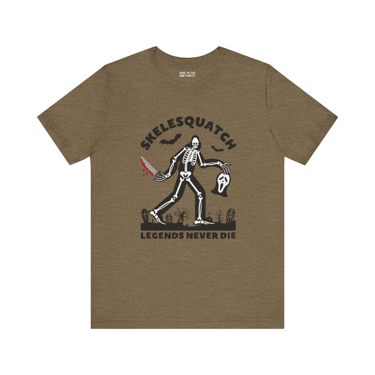 Skelesquatch Halloween tee featuring skeleton sasquatch with knife and mask, perfect for cryptid and horror fans.