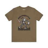 Skelesquatch Halloween tee featuring skeleton sasquatch with knife and mask, perfect for cryptid and horror fans.