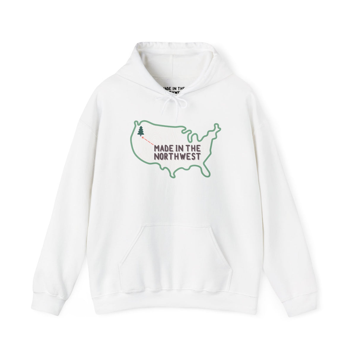 Cozy white hoodie featuring "Made in the Northwest" with a woodgrain map design highlighting PNW location.