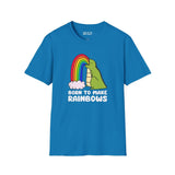 Born to Make Rainbows dinosaur t-shirt, colorful design with rainbow, perfect for adults embracing uniqueness and fun.
